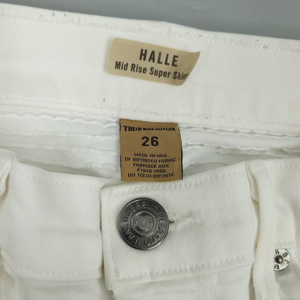 True Religion Halle Moto Jeans Size 26 Mid Rise Super Skinny White Distressed - Picture 3 of 15